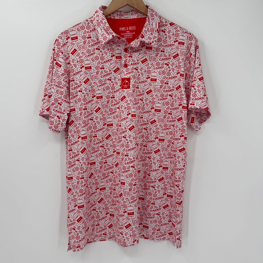 Pins & Aces Golf Polo Men Large Red White Caddy Cocktails Print Shirt